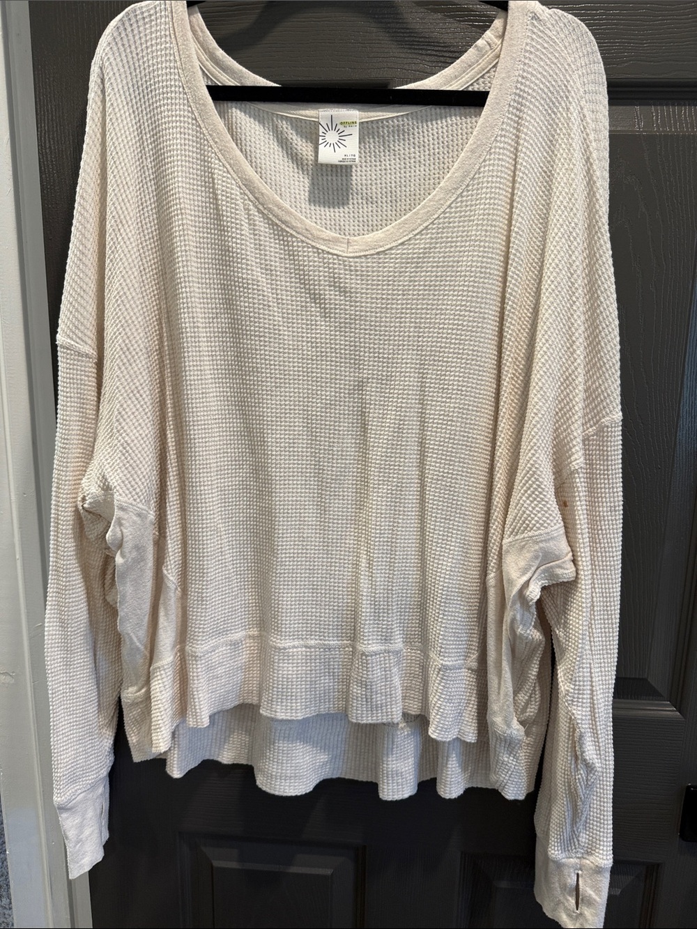 aerie Light Beige Waffle-Knit Long Sleeve Scoop Neck Top
